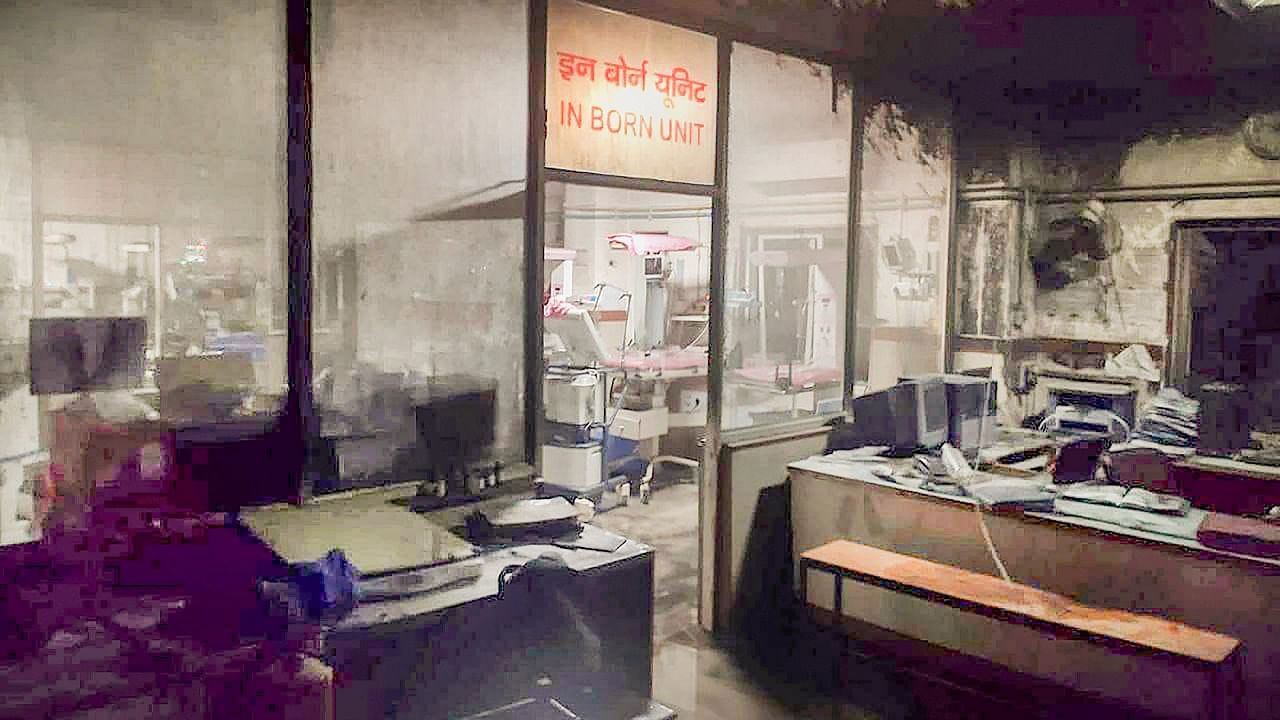 A view of charred equipment and furniture after a fire broke out in the Paediatric Intensive Care Unit at Government Kamal Nehru Hospital, in Bhopal. Credit: PTI File Photo