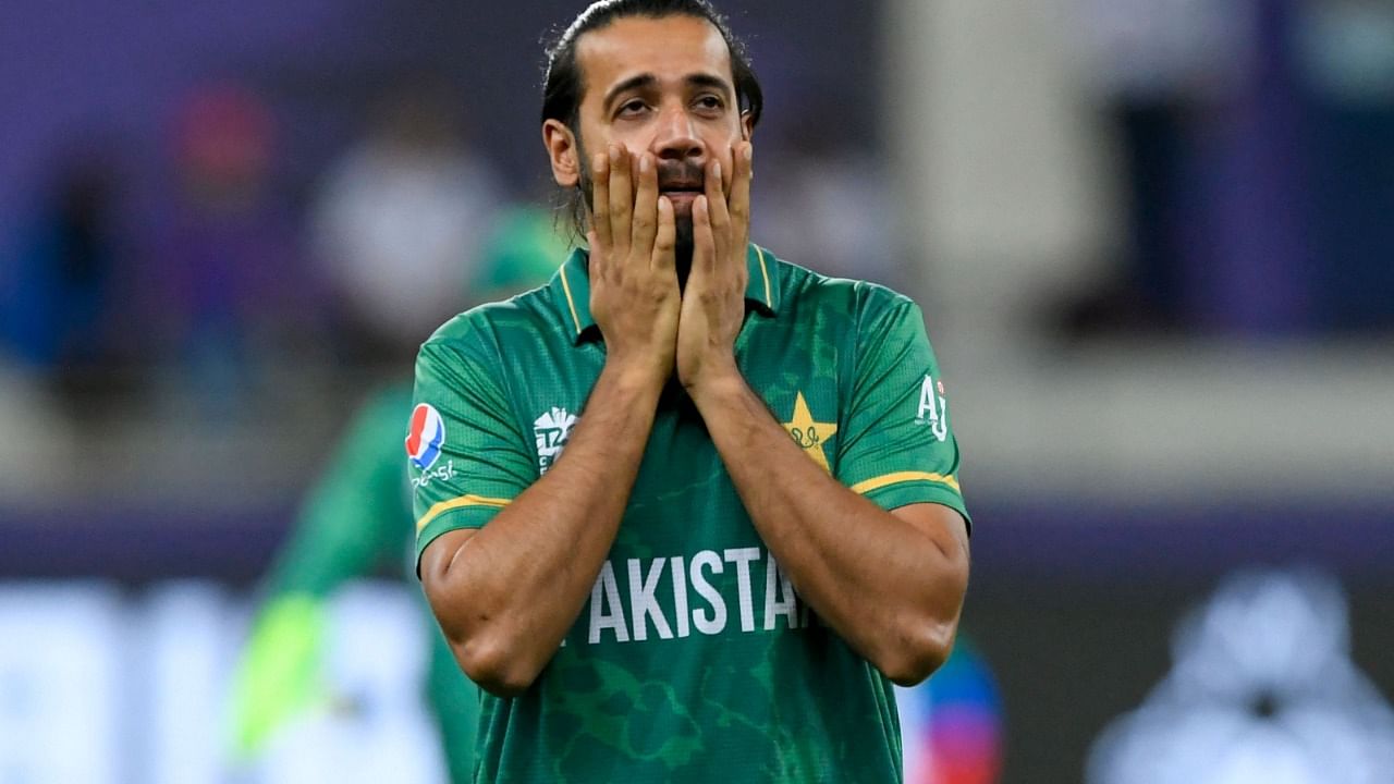 Pakistan's Hasan Ali reacts after dropping a catch during the ICC men’s Twenty20 World Cup semi-final match between Australia and Pakistan. Credit: AFP File Photo