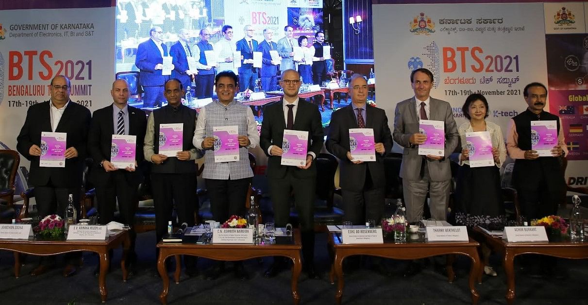 From Left to Right Shailendra Kumar Tyagi, Director, Software Technology Parks of India, Bengaluru, Jonathan Zadka, Consul General of Israel to South India, Dr. E. V. Ramana Reddy, ACS Dept. of Electronics, IT, Bt and S&T Government of Karnataka, Dr. C.N Ashwath Narayan, Hon’ble Minister for Electronics, IT, Bt and S&T, Higher Education, Skill Development, Entrepreneurship & Livelihood, Government of Karnataka, Eske Bo Rosenberg, Consul General of Denmark and Head of Trade & Innovation In Bengaluru, Thierry Berthelot, Consul General of France in Bengaluru, Achim Burkart, Consul General of Germany in Bengaluru, Akiko Sugita, Consul General of Japan in Bengaluru, Shri. Prashant Prakash, Partner – Accel Partners, Chairman – Karnataka Vision Group for Startup. Credit: Special Arrangement