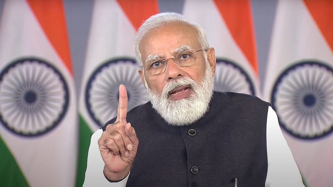 Prime Minister Narendra Modi speaks at the launch of two innovative and customer-centric initiatives of the Reserve Bank of India (RBI) through video-conferencing. Credit: PTI Photo