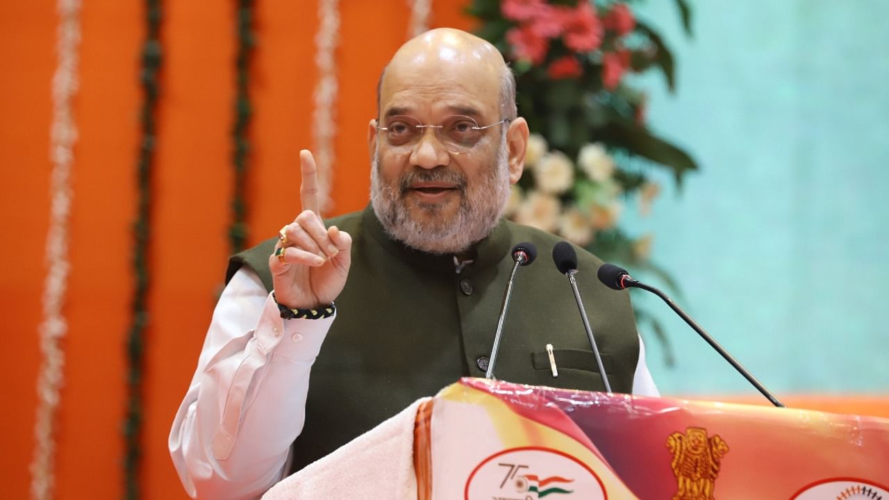 Union Home Minister Amit Shah speaks during a gathering ahead of the Uttar Pradesh Assembly polls. Credit: Twitter/@AmitShah