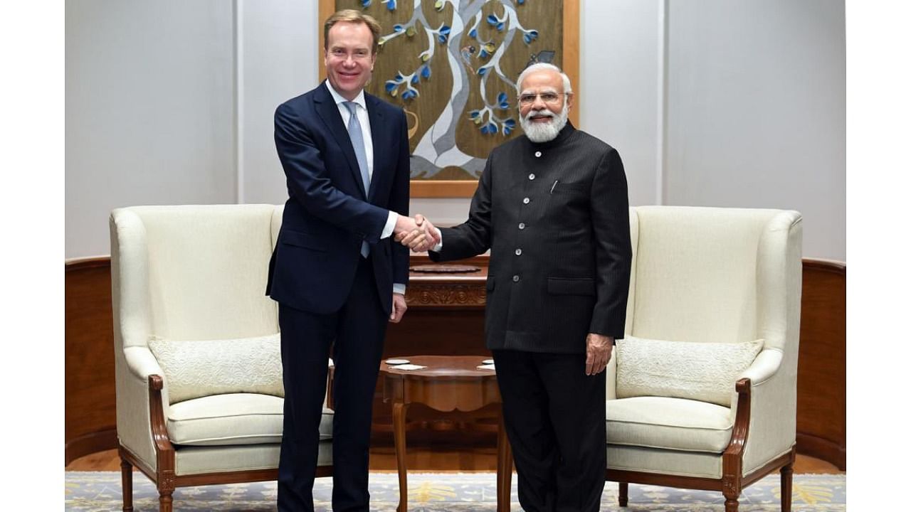 World Economic Forum President Borge Brende with Prime Minister Narendra Modi in Delhi. Credit: Twitter/@borgebrende