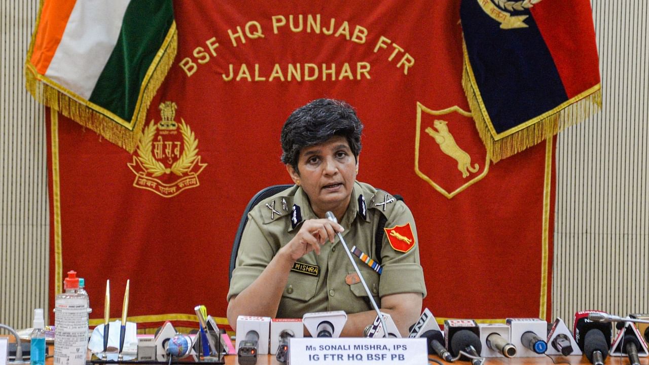 Border Security Force (BSF) IG IPS Sonali Mishra addresses a press conference at BSF Headquarter in Jalandhar. Credit: PTI Photo