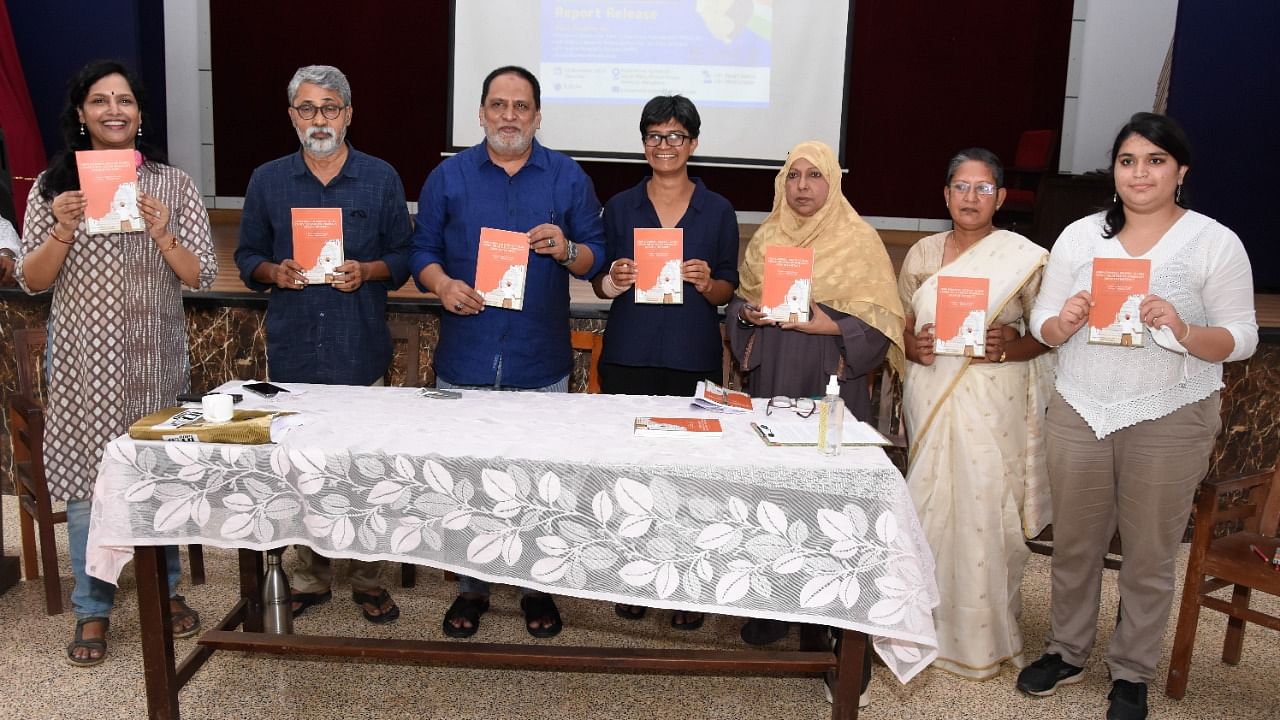 Dignitaries release fact finding reports on communal policing to hate crimes: The Attack on Ambedkar's Dream of Fraternity in Dakshina Kannada from January to September, at School of SOcial Work Roshni Nilaya in Mangaluru. Credit: DH Photo