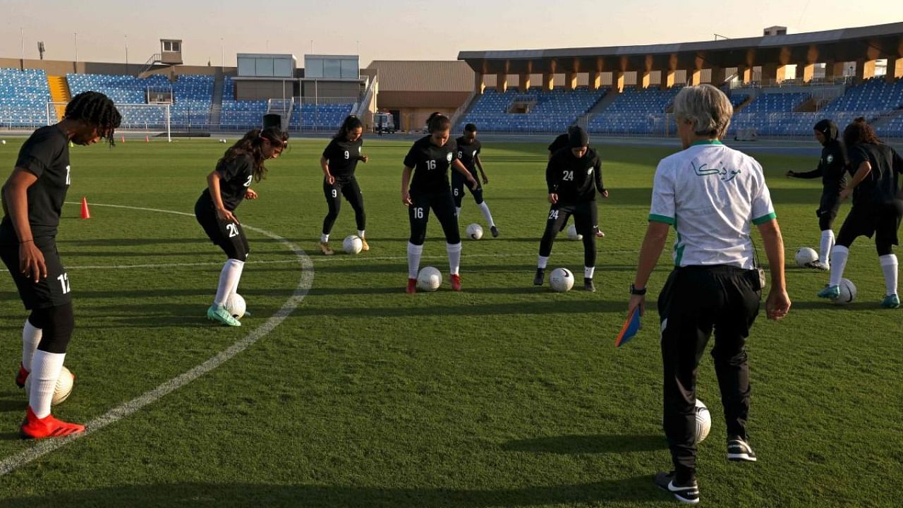 German coach Monika Staab leads a training session for the newly-established Saudi Women's National Football Team at Prince Faisal bin Fahad stadium in Riyadh. Credit: AFP Photo