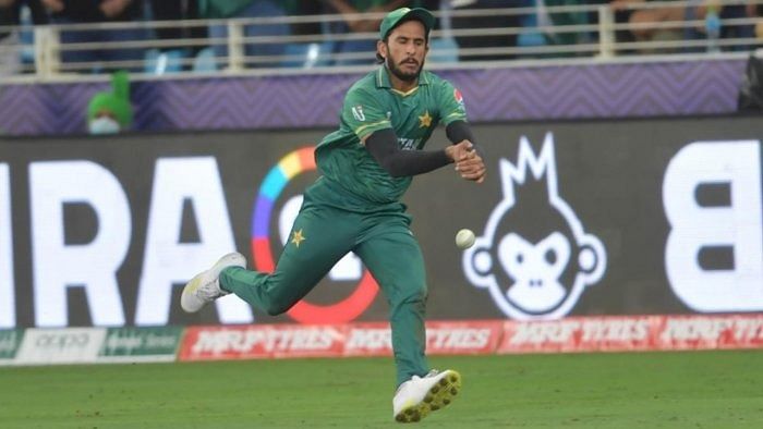 Pakistan's Hasan Ali drops a catch during the Twenty20 World Cup semi-final match between Pakistan and Australia. Credit: IANS Photo