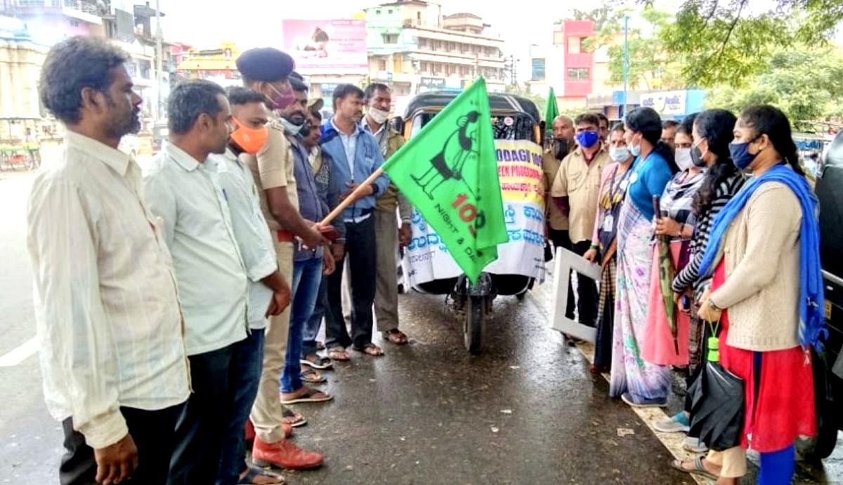 Town police station PSI Madesh flags off the 'Childline Se Dosti' week to create awareness on Child Helpline 1098, during a programme held near the autorickshaw stand in Kushalnagar on Sunday.