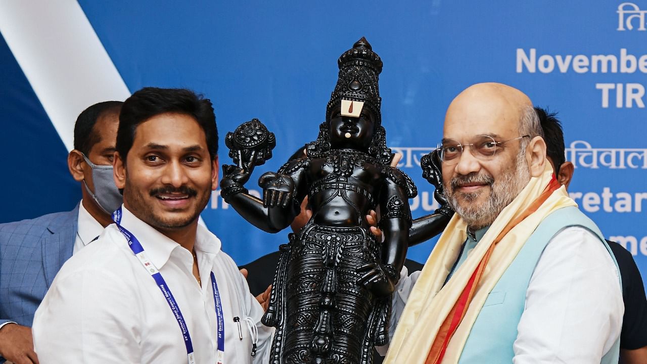 Union Home Minister Amit Shah and Andhra Pradesh Chief Minister YS Jaganmohan Reddy during the Southern Zonal Council meeting in Tirupati. Credit: PTI Photo