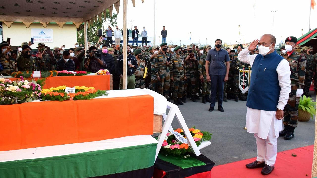 Biren Singh paying tribute to the Assam Rifles personnel on Sunday. Credit: DH Photo 