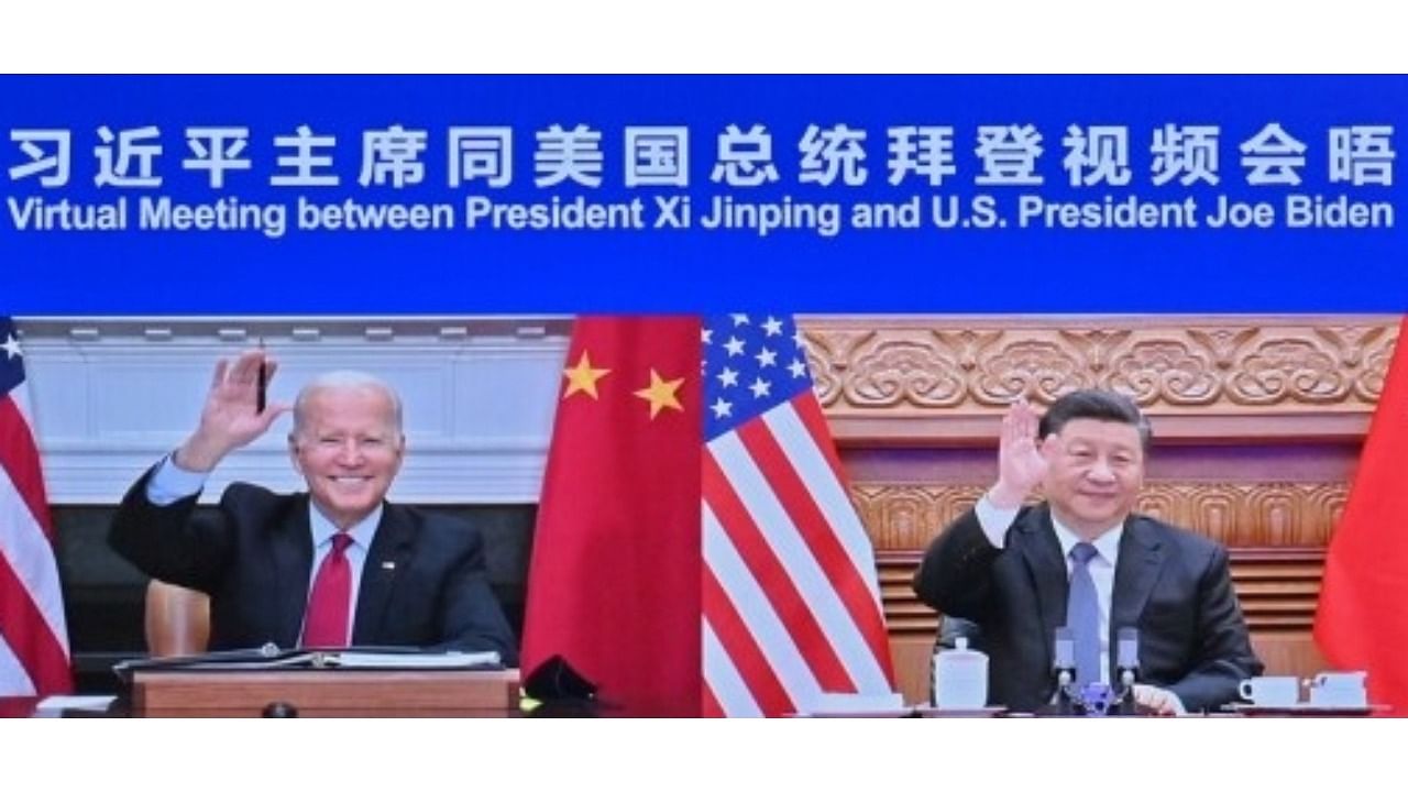 A virtual meeting between Chinese President Xi Jinping and US President Joe Biden kicked off on Tuesday morning. Credit: Xinhua/Yue Yuewei/IANS