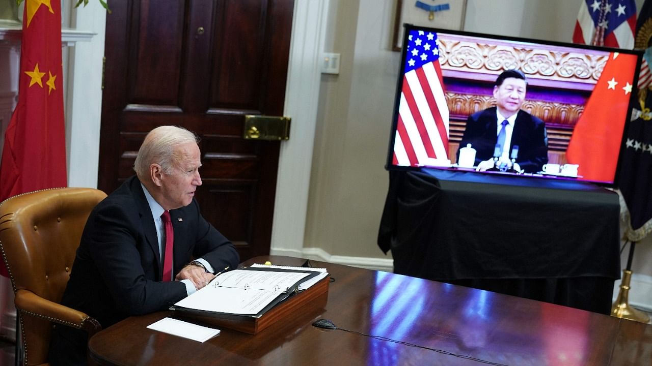US President Joe Biden meets with China's President Xi Jinping during a virtual summit from the Roosevelt Room of the White House in Washington, DC, November 15, 2021. Credit: AFP Photo