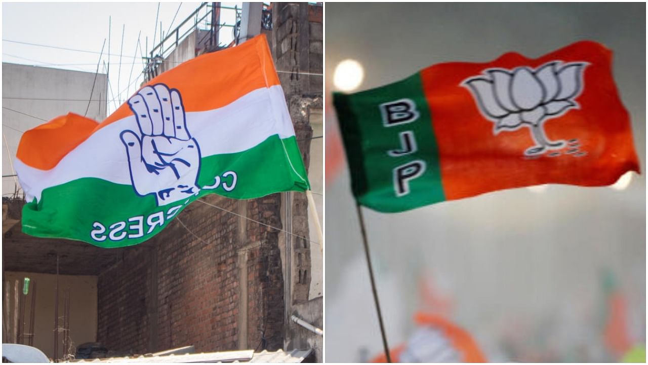 Flags of political parties Congress and BJP. Credit: DH File Photo/Reuters Photo