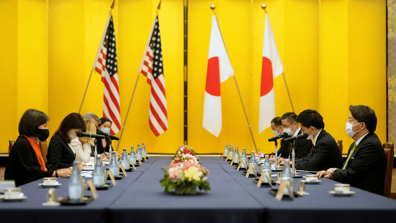 US Trade Representative Katherine Tai speaks to Japanese Foreign Affairs Minister Yoshimasa Hayashi at the start of their meeting at the Iikura Guest House in Tokyo. Credit: Reuters Photo