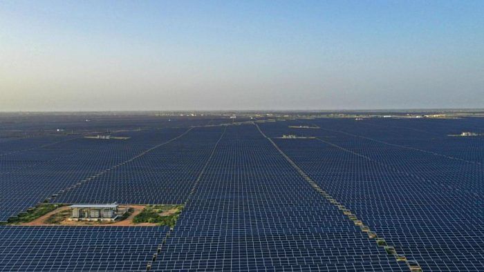 This photo taken on October 6, 2021 shows solar panels at the site of solar energy projects developer Saurya Urja Company of Rajasthan Limited, at the Bhadla Solar Park in Bhadla, in the northern state of Rajasthan. Credit: AFP Photo