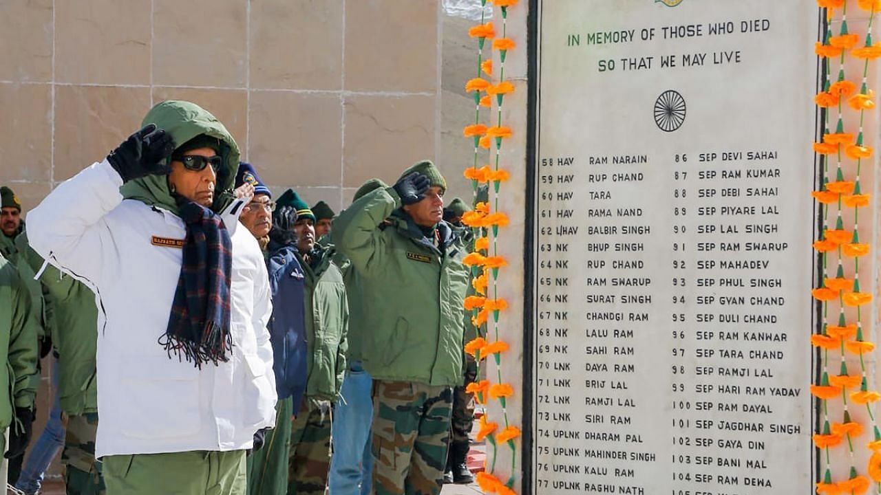 Rajnath Singh inaugurates revamped Rezang La war memorial. Credit: PTI Photo