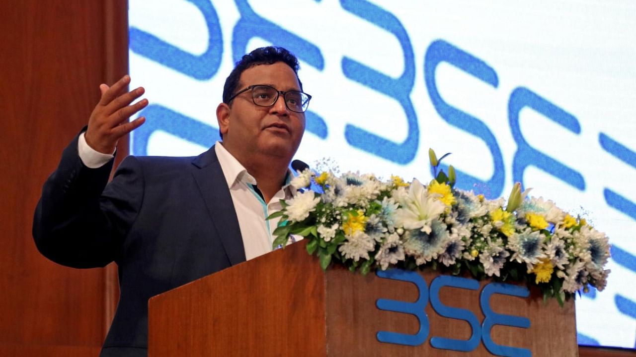 Paytm founder and CEO Vijay Shekhar Sharma delivers a speech during his company's IPO listing ceremony at the Bombay Stock Exchange in Mumbai. Credit: Reuters Photo