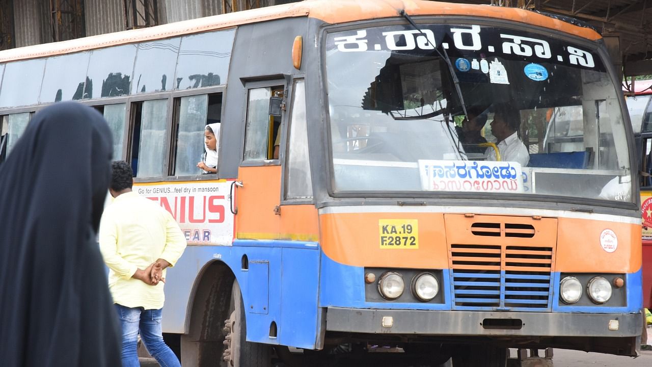 A KSRTC bus to Kasargod is seen in Mangaluru. Credit: DH Photo
