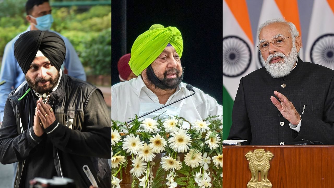 Punjab Congress chief Navjot Singh Sidhu (L), ex-Punjab CM Amarinder Singh and PM Narendra Modi. Credit: PTI File Photos