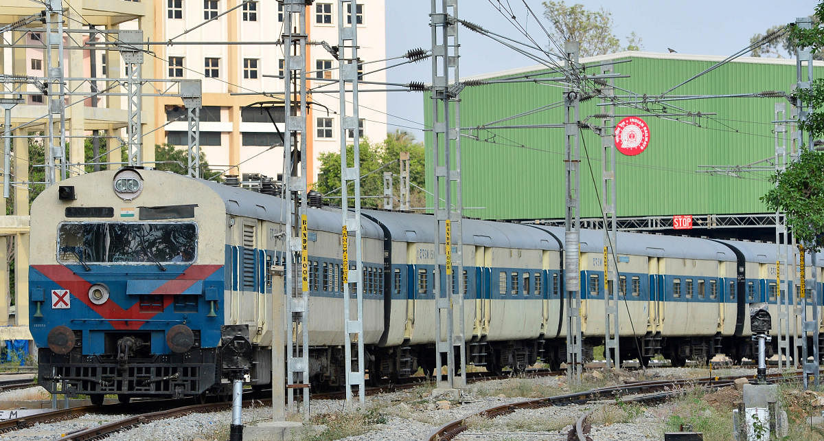The 69.47-km railway line between the two cities has been electrified, paving the way for running electric trains. Credit: DH File Photo