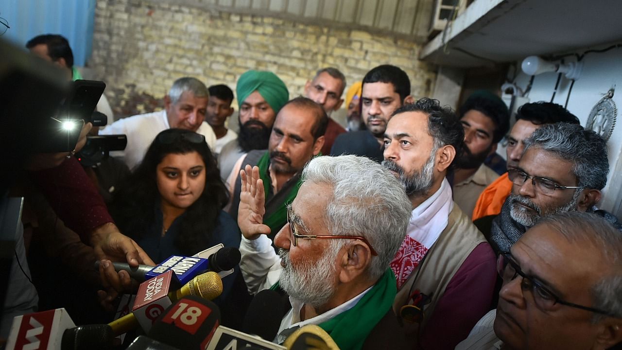 Farm leader Darshan Pal with Swaraj India Chief Yogendra Yadav interact with media. Credit: PTI Photo