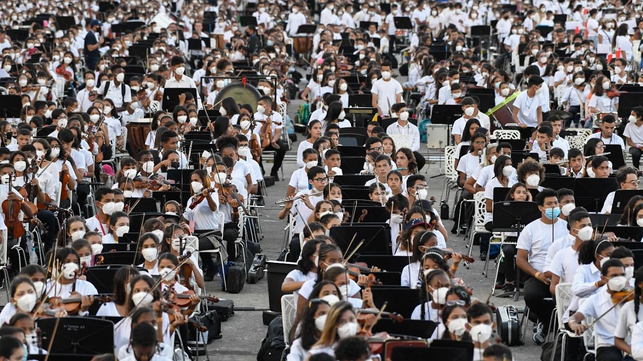 Members of the National System of Orchestras of Venezuela play during an attempt to enter the Guinness Book of Records for the largest orchestra in the world. Credit: AFP Photo