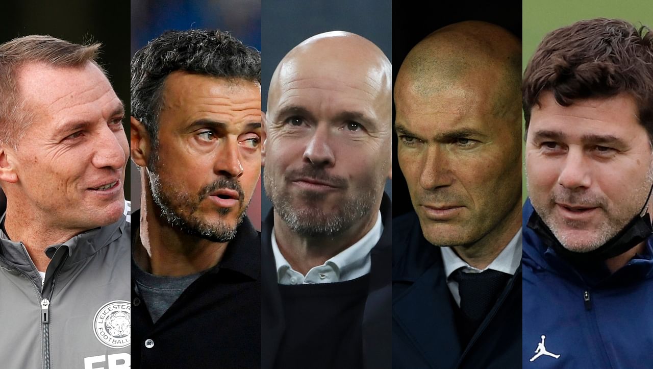 (L-R) Brendan Rodgers, Luis Enrique, Erik Ten Hag, Zinedine Zidane and Mauricio Pochettino. Credit: AFP, Reuters File Photos
