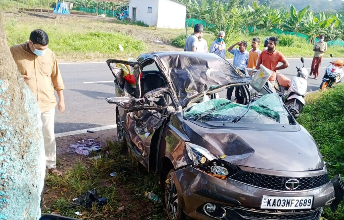 The mangled remains of a car that met with an accident at Bhadragola near Gonikoppa.