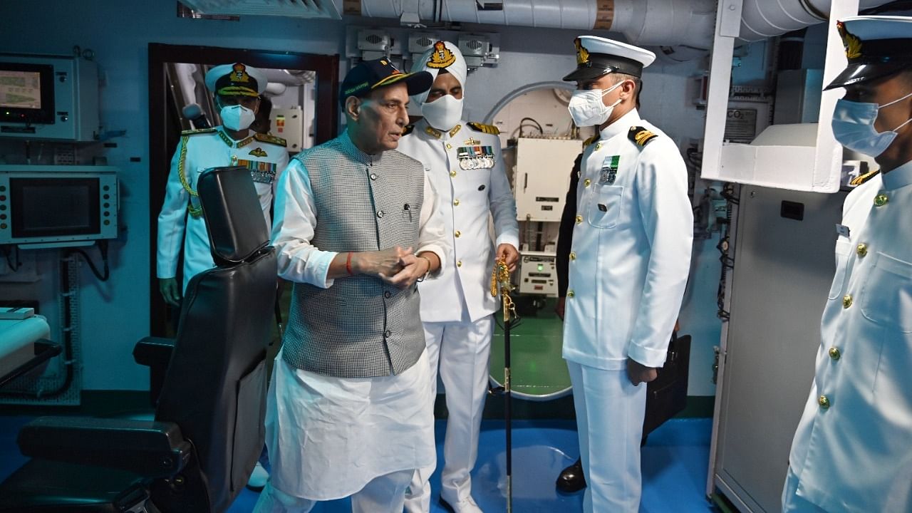 Defence Minister Rajnath Singh aboard the INS Visakhapatnam in Mumbai. Credit: Western Naval Command