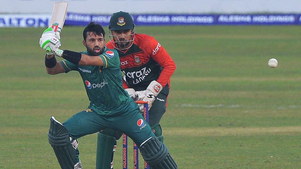 Pakistan's Mohammad Rizwan (L) plays a shot during the second T20 against Bangladesh on Saturday. Credit: AFP File Photo