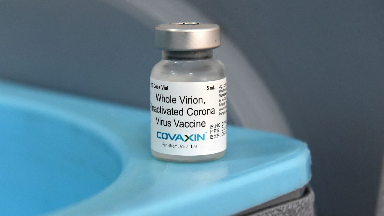 File photo taken of a vial of Covaxin vaccine against Covid-19. Credit: AFP Photo