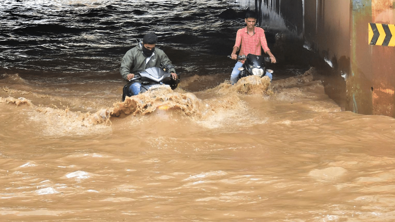 Rain water logged at Kodigehalli underpass, after last night heavy rainfall, in Bengaluru.  Credit: IANS Photo