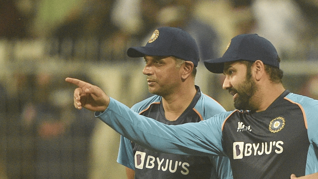 Indian T20 team captain Rohit Sharma with head coach Rahul Dravid. Credit: PTI Photo