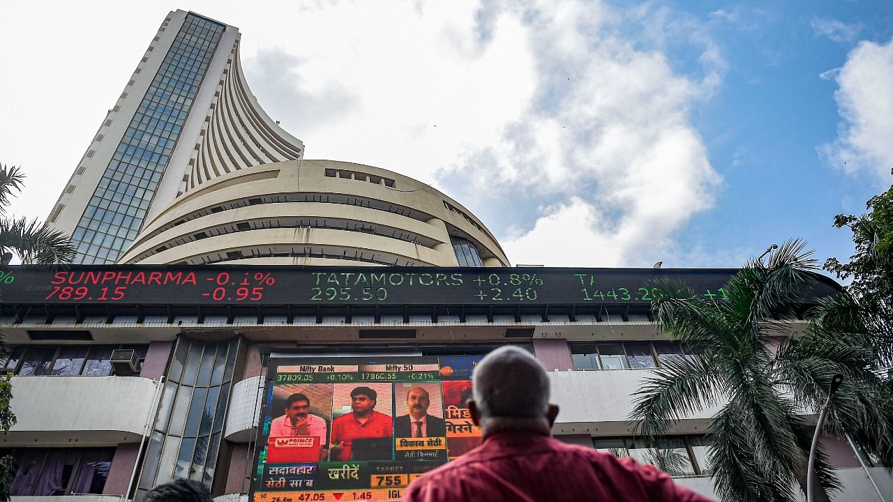 The 30-share index was trading 435.74 points or 0.73 per cent lower at 59,200.27. Credit: PTI Photo