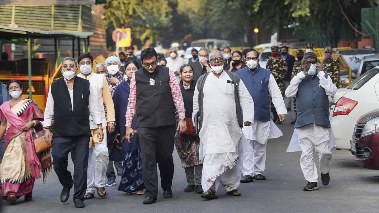 All India Trinamool Congress (TMC) MPs come out after meeting Union Home Minister Amit Shah at his residence, in New Delhi. Credit: PTI Photo