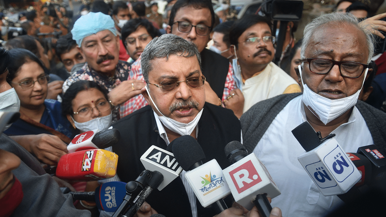 TMC MPs speak to media after meeting with Home Minister Amit Shah over alleged police brutality in Tripura. Credit: PTI Photo