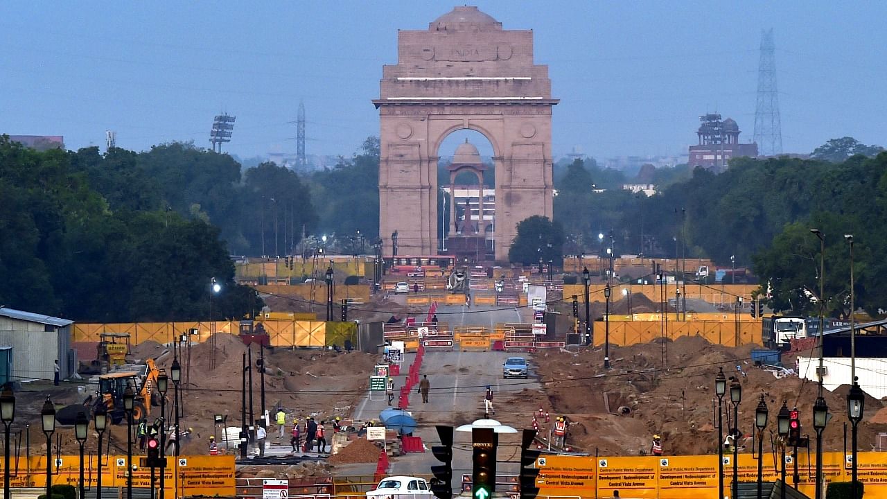 Construction work under way as part of the Central Vista Redevelopment Project, at Rajpath in New Delhi on Friday. Credit: PTI Photo