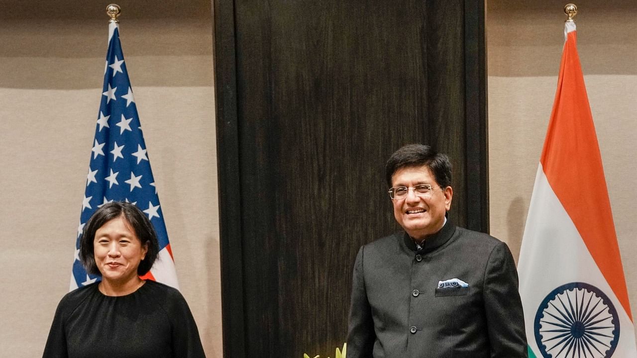 US Trade Representative Katherine Tai with Indian Minister of Commerce and Industry Piyush Goyal. Credit: PTI Photo
