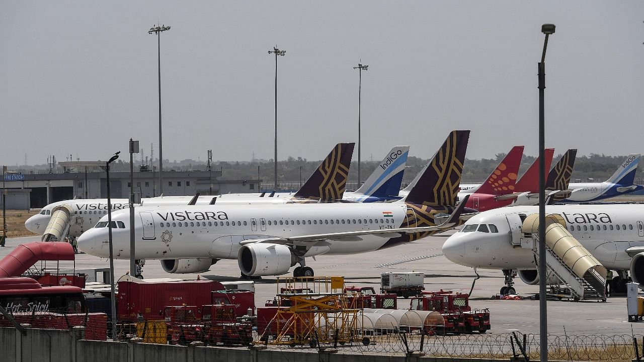 Aircrafts are seen parked at the Indira Gandhi International airport. Credit: AFP File Photo