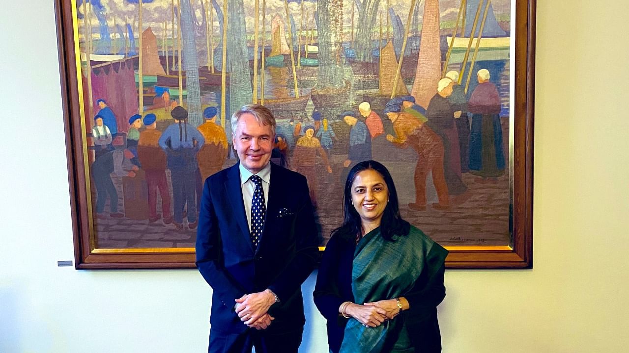 Secretary (West) Reenat Sandhu had a good meeting with the Foreign Minister of Finland in Helsinki, MEA tweeted.  Credit: Twitter/@IndEmbFinEst