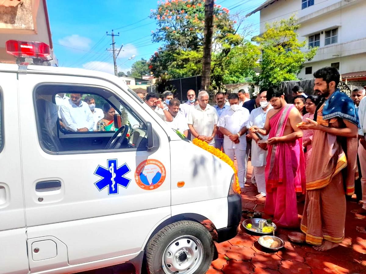 A puja was offered to the ambulance during a programme in Madikeri on Wednesday.