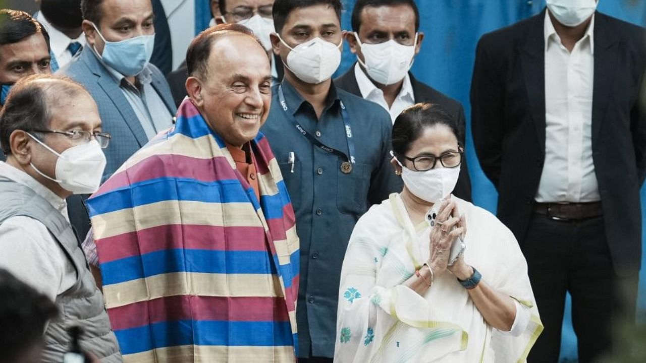 BJP MP Subramanian Swamy meets West Bengal Chief Minister Mamata Banerjee in New Delhi, Wednesday, Nov. 24, 2021. Credit: PTI Photo