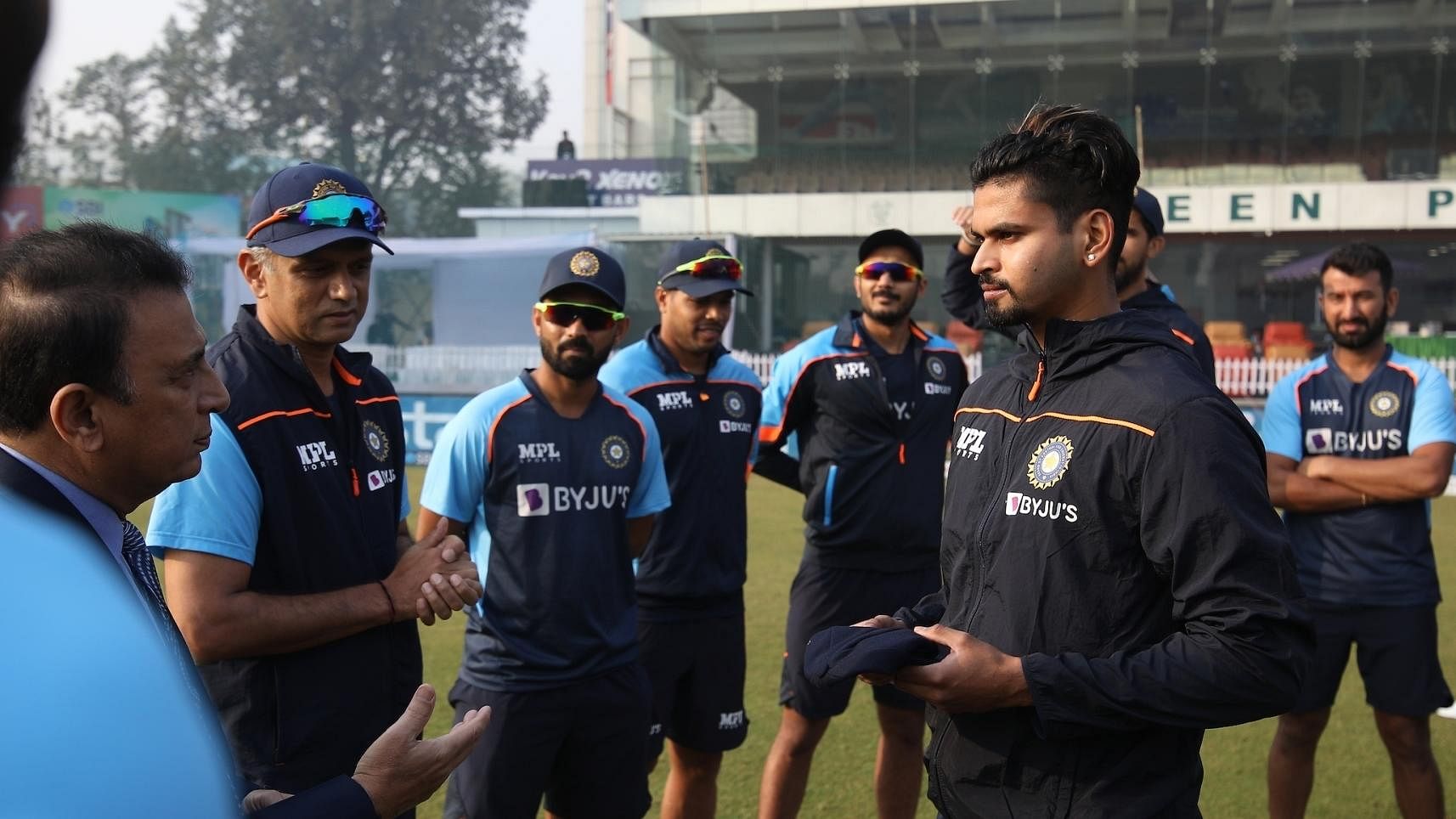 Gavaskar addressed Iyer while Rahane, head coach Rahul Dravid and the rest of the Indian team members looked on and then applauded Iyer for receiving his Test cap from Gavaskar. Upon receiving the Test cap, Iyer kissed the cap and wore it. Credit: IANS Photo