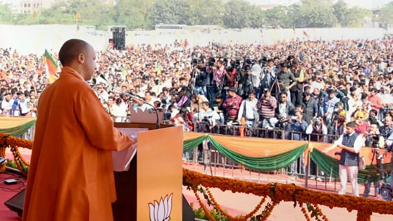 Yogi Adityanath addresses a rally in Kanpur. Credit: PTI Photo
