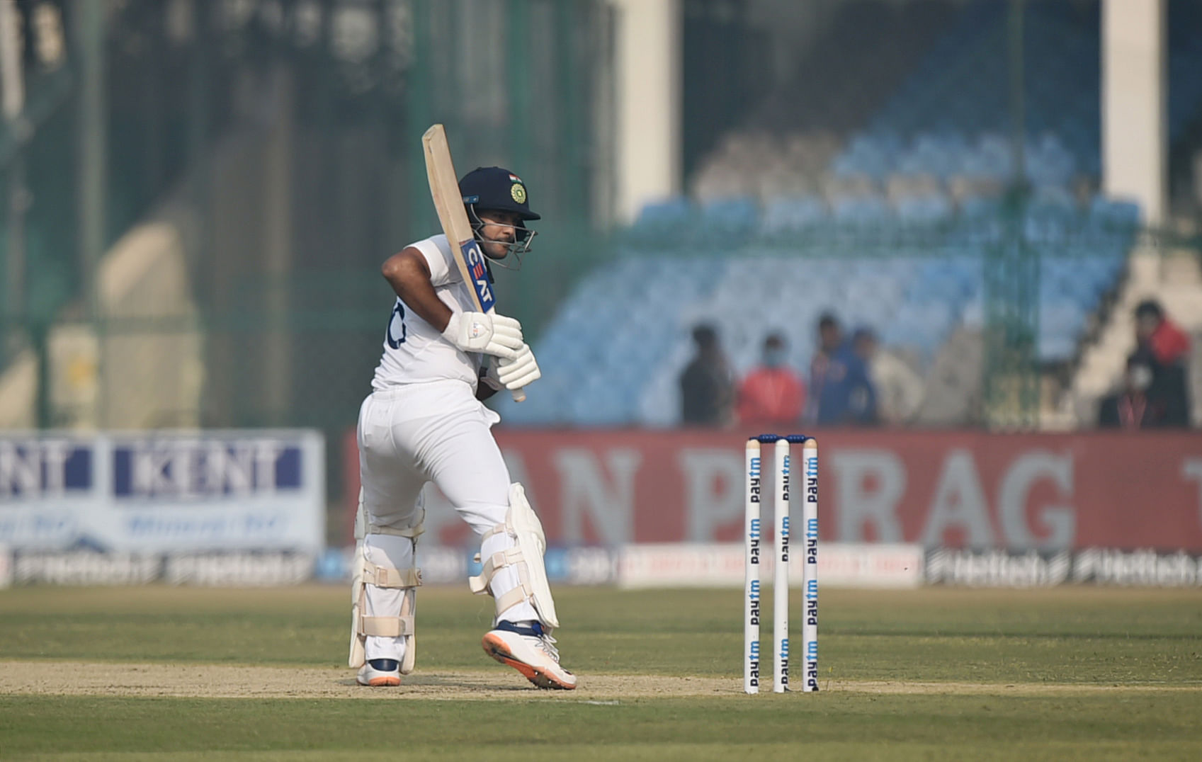 Mayank Agarwal plays a shot during the first cricket test match between India and New Zealand at Green Park Stadium, in Kanpur. Credit: PTI File Photo