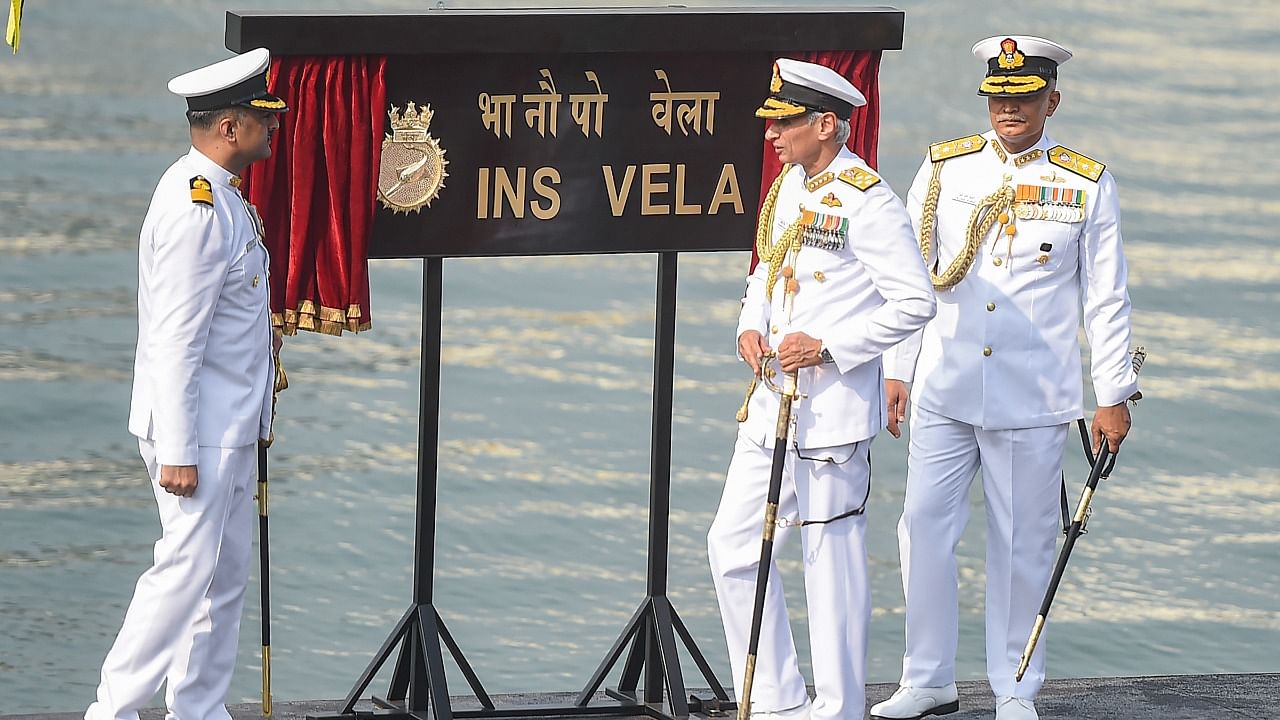 Navy officials at the commissioning of INS Vela, a scorpene class submarine. Credit: PTI Photo