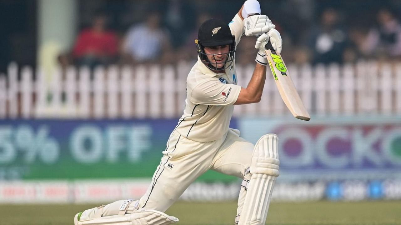 New Zealand's Will Young plays a shot during the second day of the first Test cricket match between India and New Zealand at the Green Park Stadium in Kanpur. Credit: AFP Photo