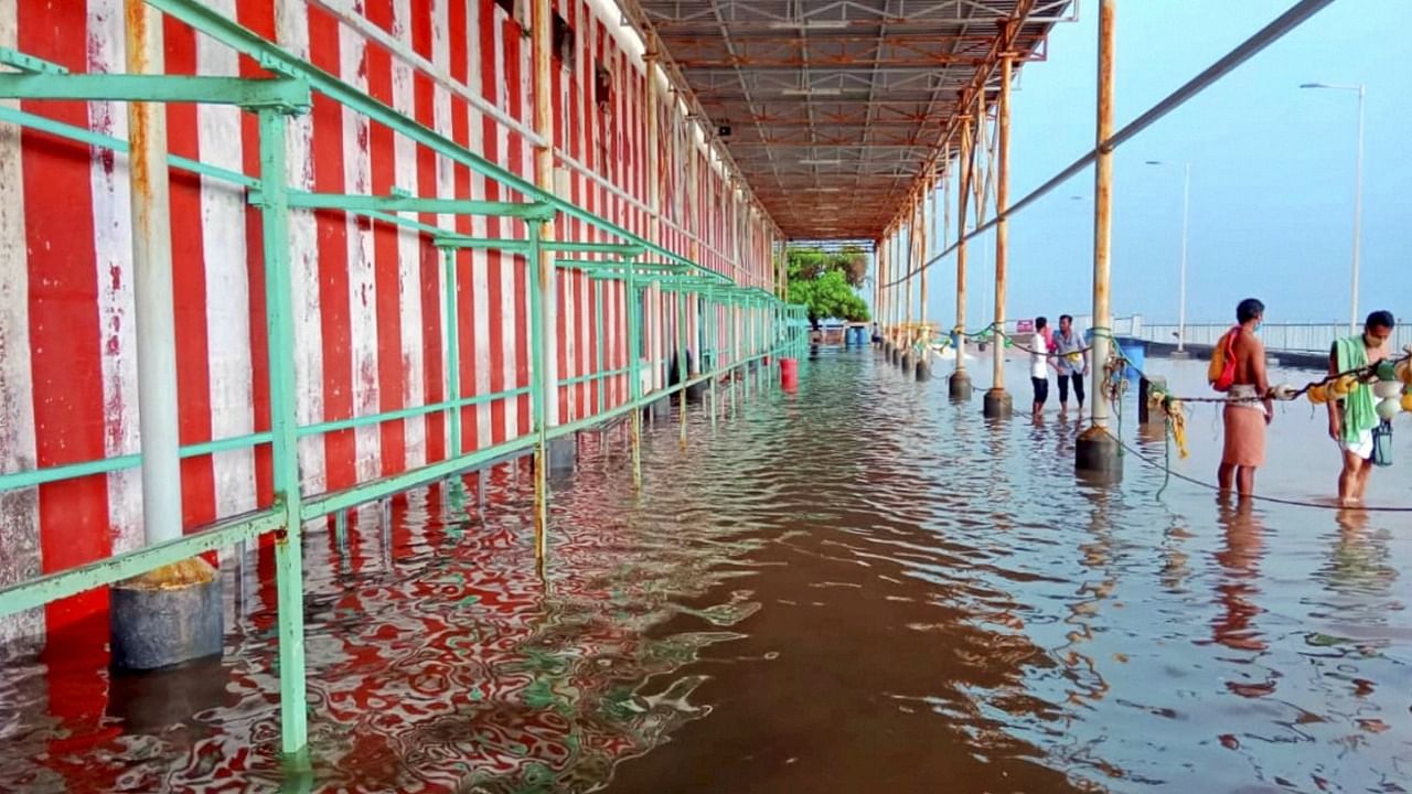 Waterlogged premises of Thiruchendur temple in Thoothukudi. Credit: PTI Photo