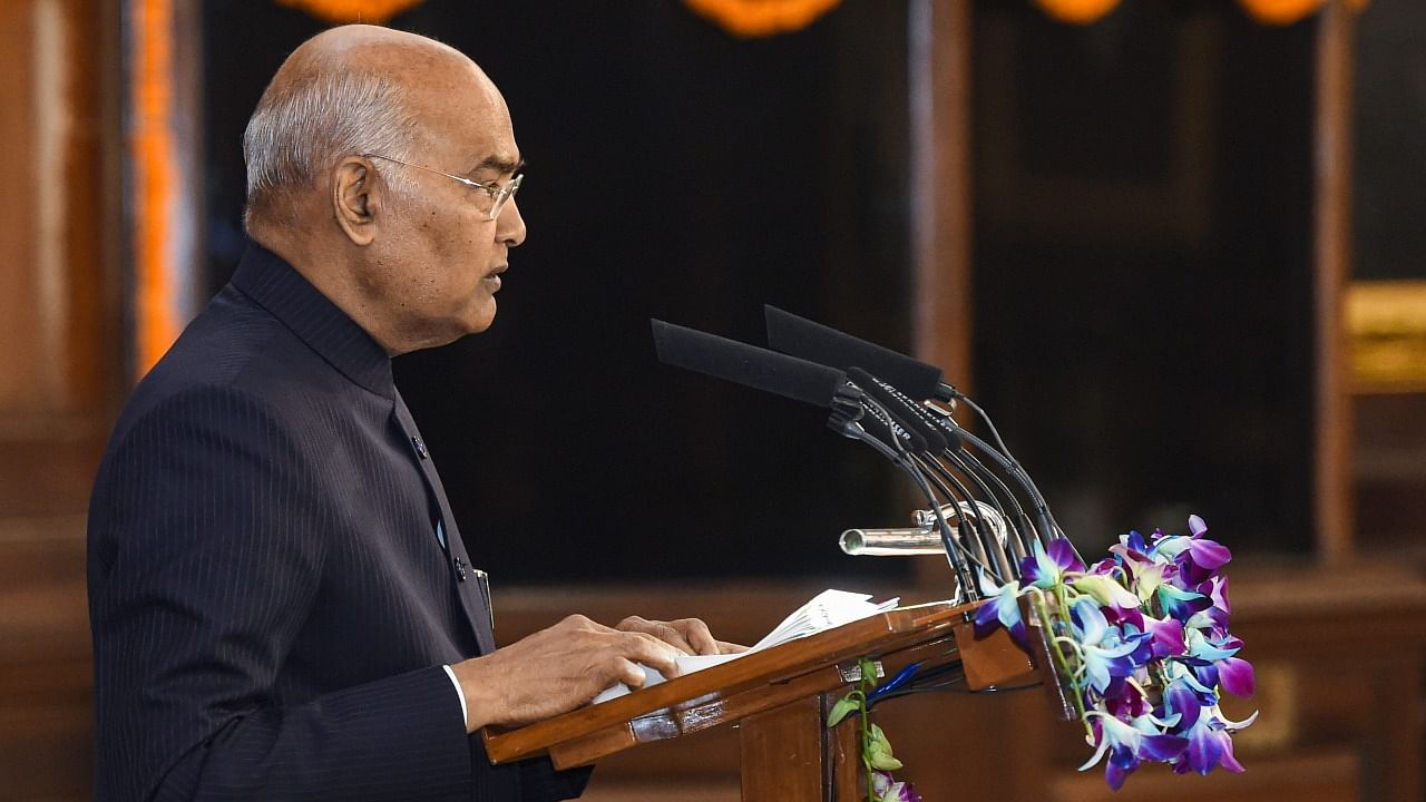 President Ram Nath Kovind addresses a function to commemorate the ‘Samvidhan Divas’, at Parliament, in New Delhi, Friday, Nov. 26, 2021. Credit: PTI Photo