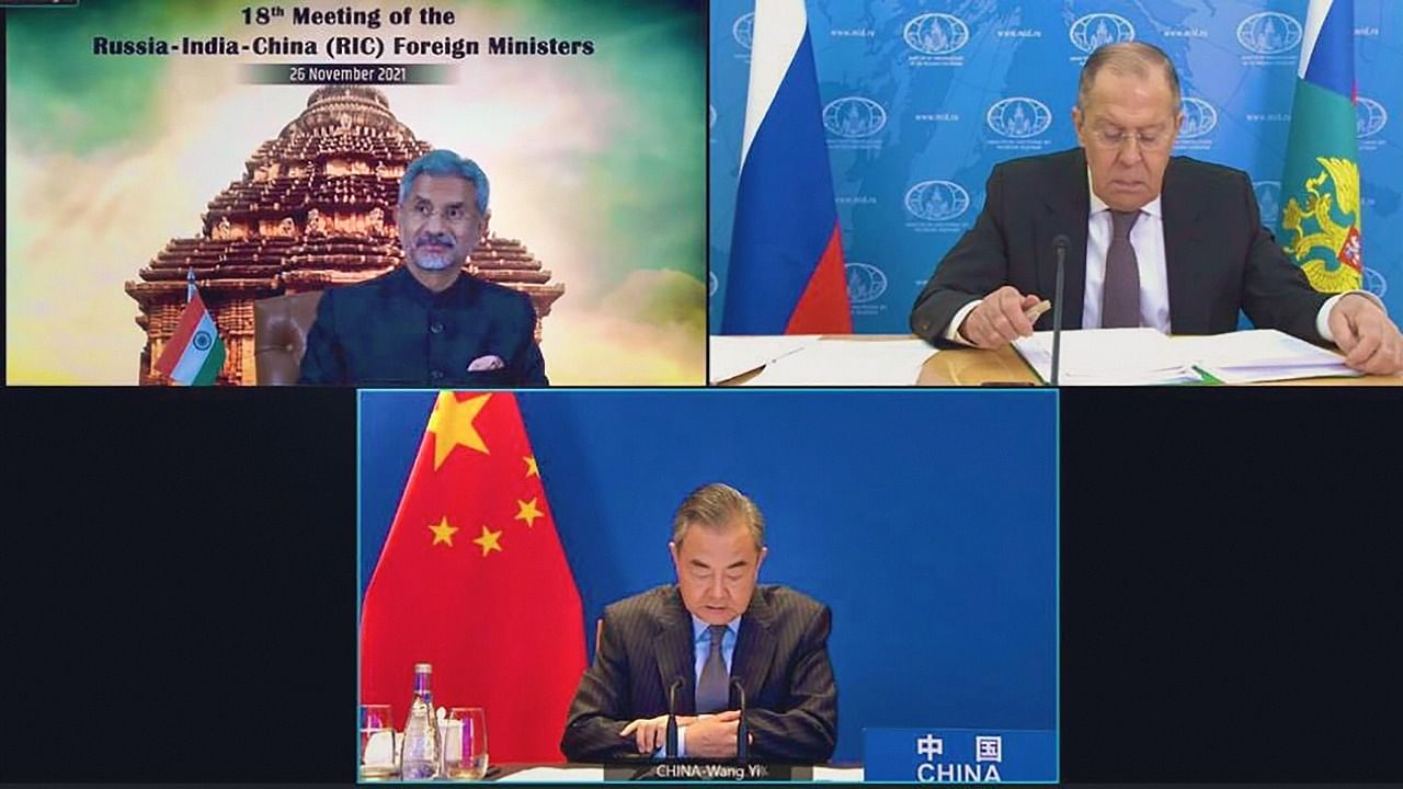 External Affairs Minister S Jaishankar digitally chairs the 18th Russia-India-China (RIC) Foreign Ministers' Meeting. Credit: Twitter/@DrSJaishankar