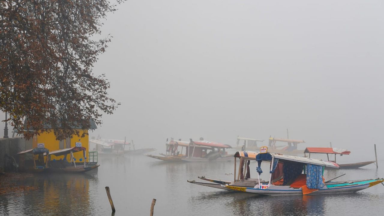 Shikaras at the banks of Dal lake during a cold and foggy morning, in Srinagar. Credit: PTI Photo